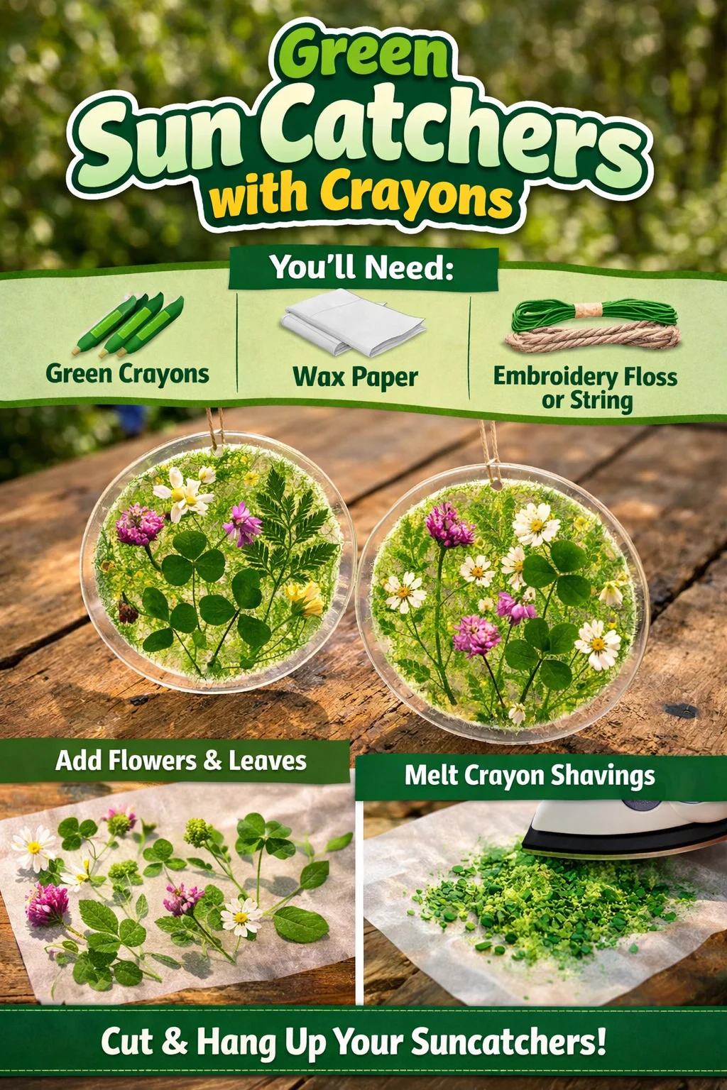 Colorful green sun catchers made with crayons for brightening windows