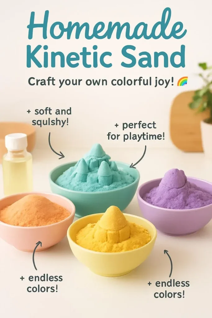 A bowl of homemade kinetic sand with colorful molds and tools for play.
