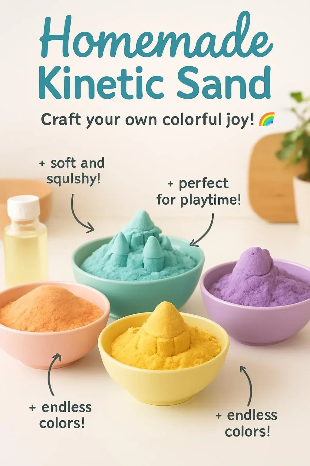 A bowl of homemade kinetic sand with colorful molds and tools for play.