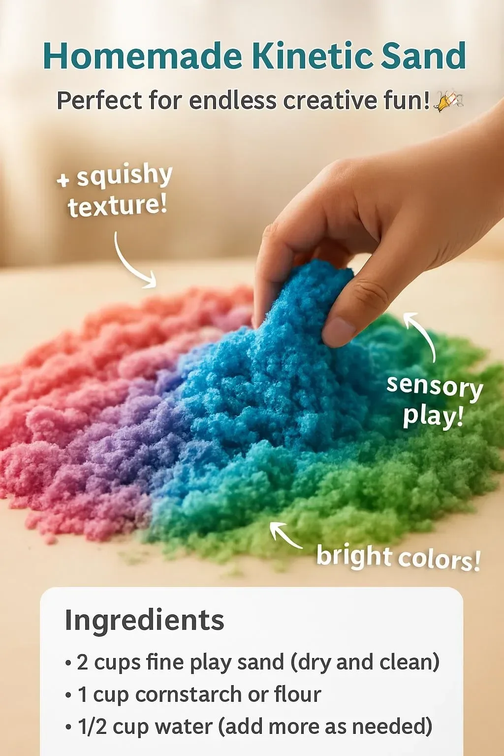 A bowl of colorful homemade kinetic sand for fun and creative activities.
