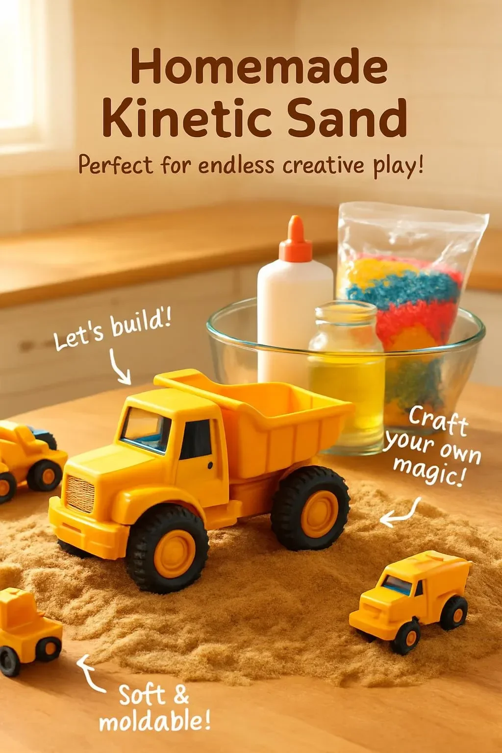 A bowl of colorful homemade kinetic sand for sensory play and creativity.