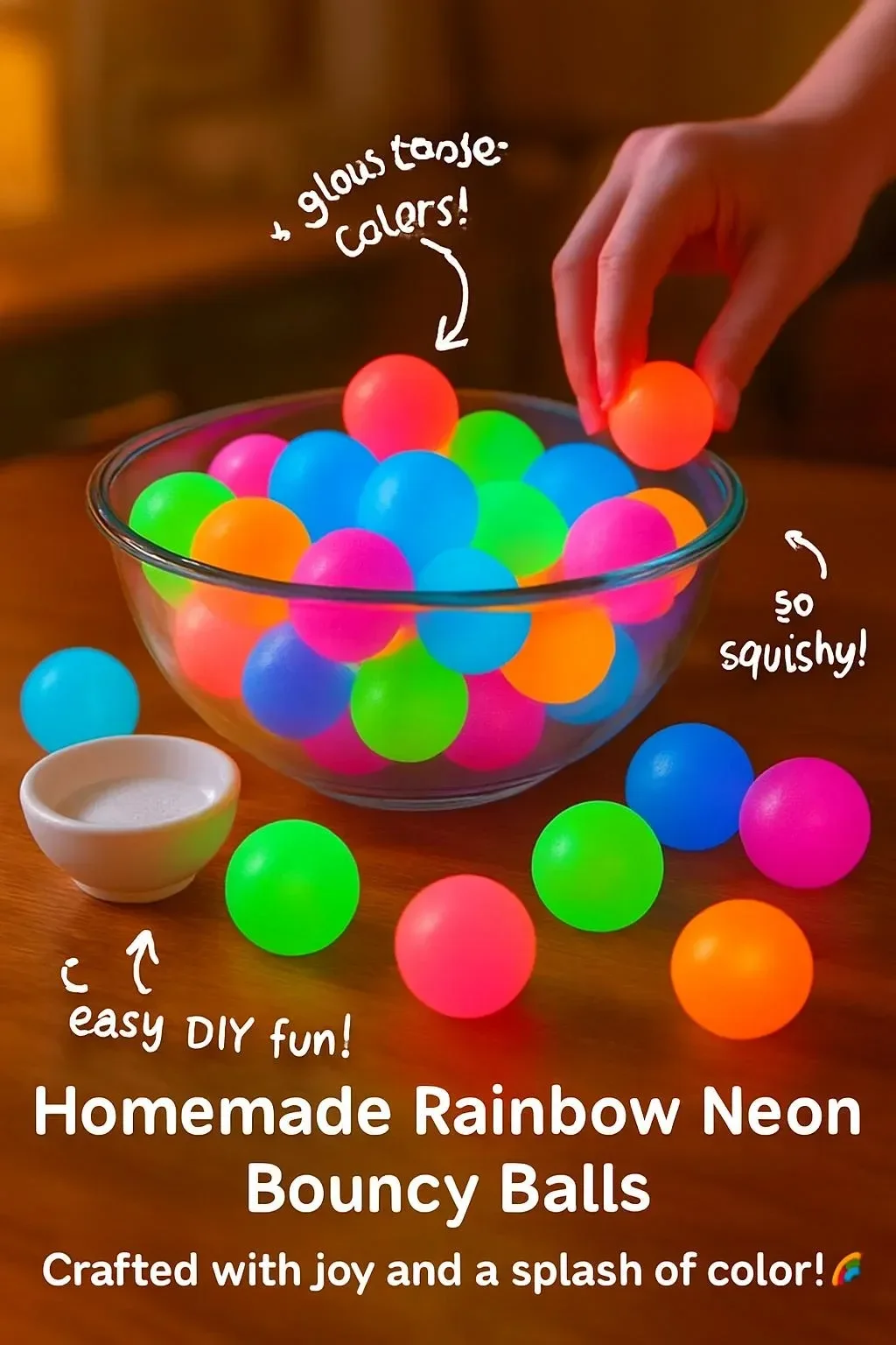 Colorful homemade rainbow neon bouncy balls for fun playtime activities