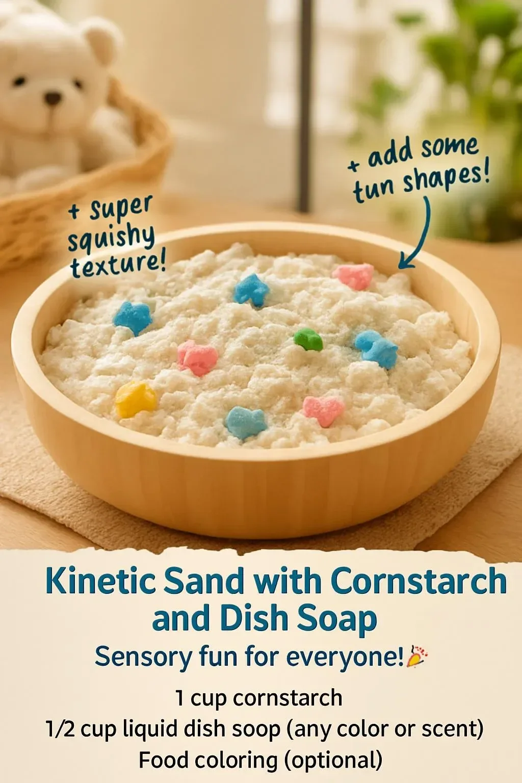 DIY Kinetic Sand made with cornstarch and dish soap for creative play.