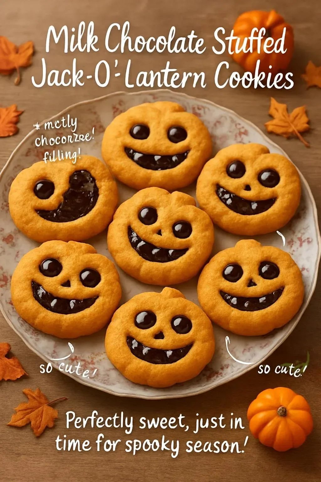 Delicious milk chocolate stuffed Jack-O-Lantern cookies for Halloween