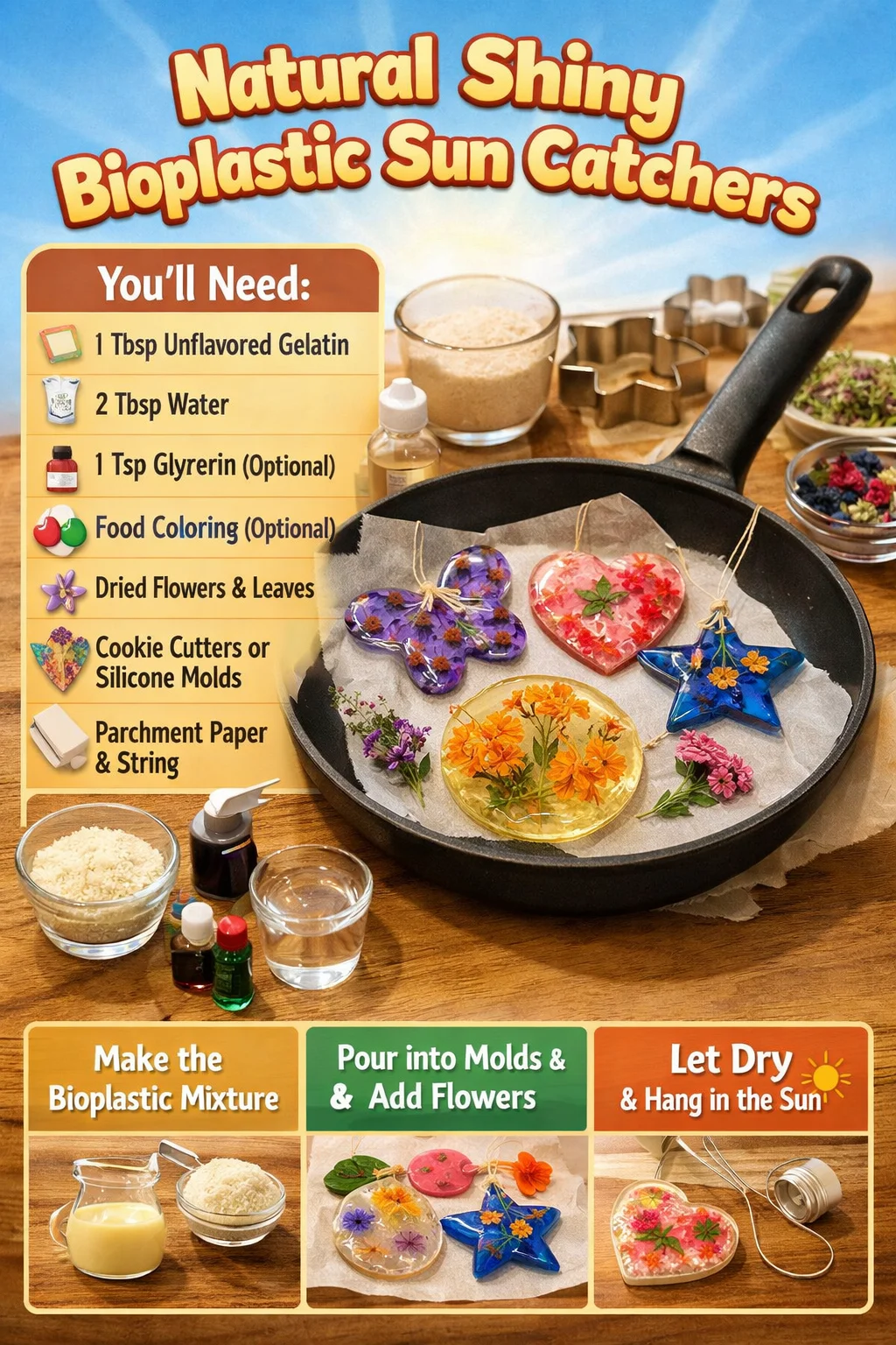 Natural shiny bioplastic sun catchers reflecting colorful light prisms.