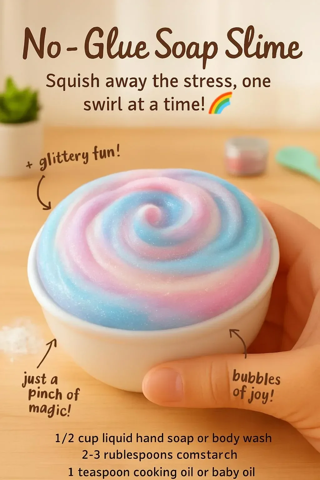 Colorful no-glue soap slime in a bowl with various textures and designs.