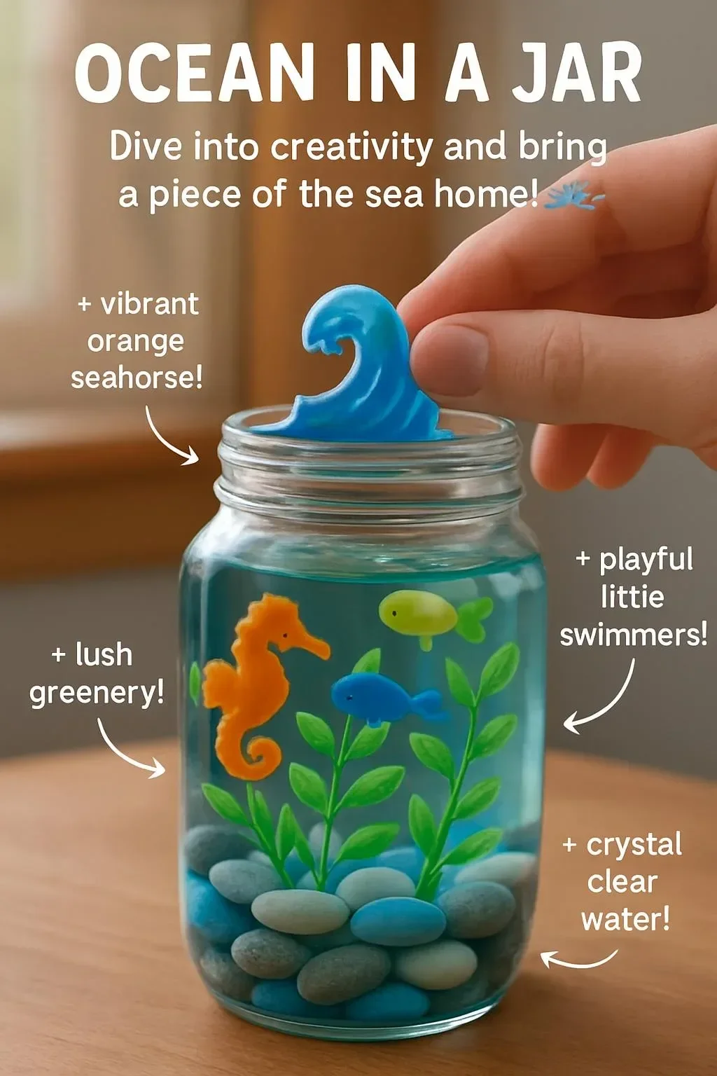 A creative ocean in a jar project showcasing miniature sea life and waves.