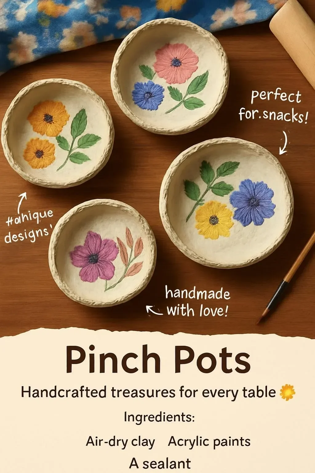 Handmade pinch pots displayed on a wooden table