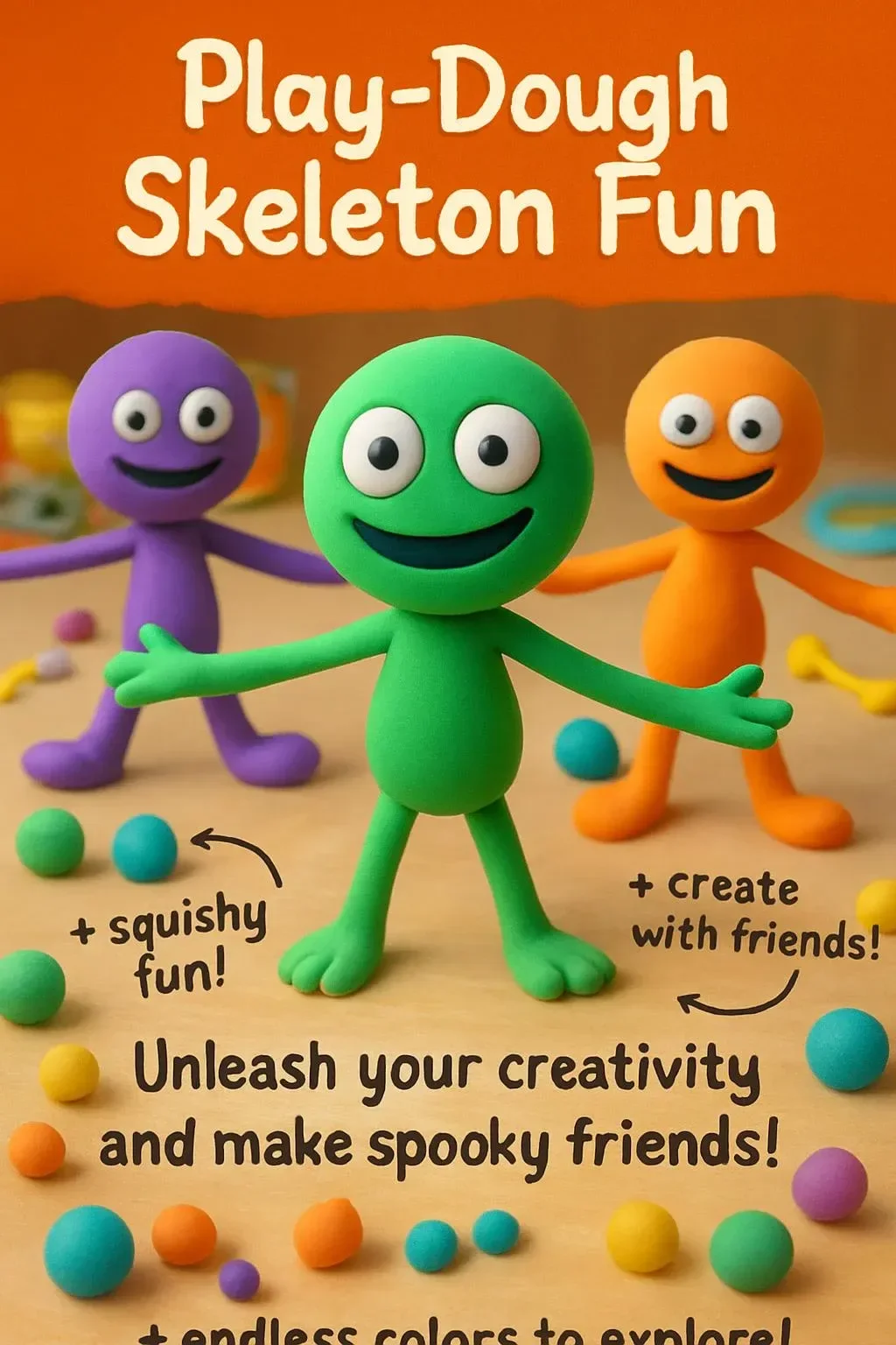 Kids creating fun skeleton shapes with Play-Dough during Halloween activities.