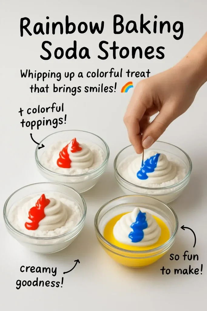 Colorful rainbow baking soda stones displayed in various shapes and sizes.