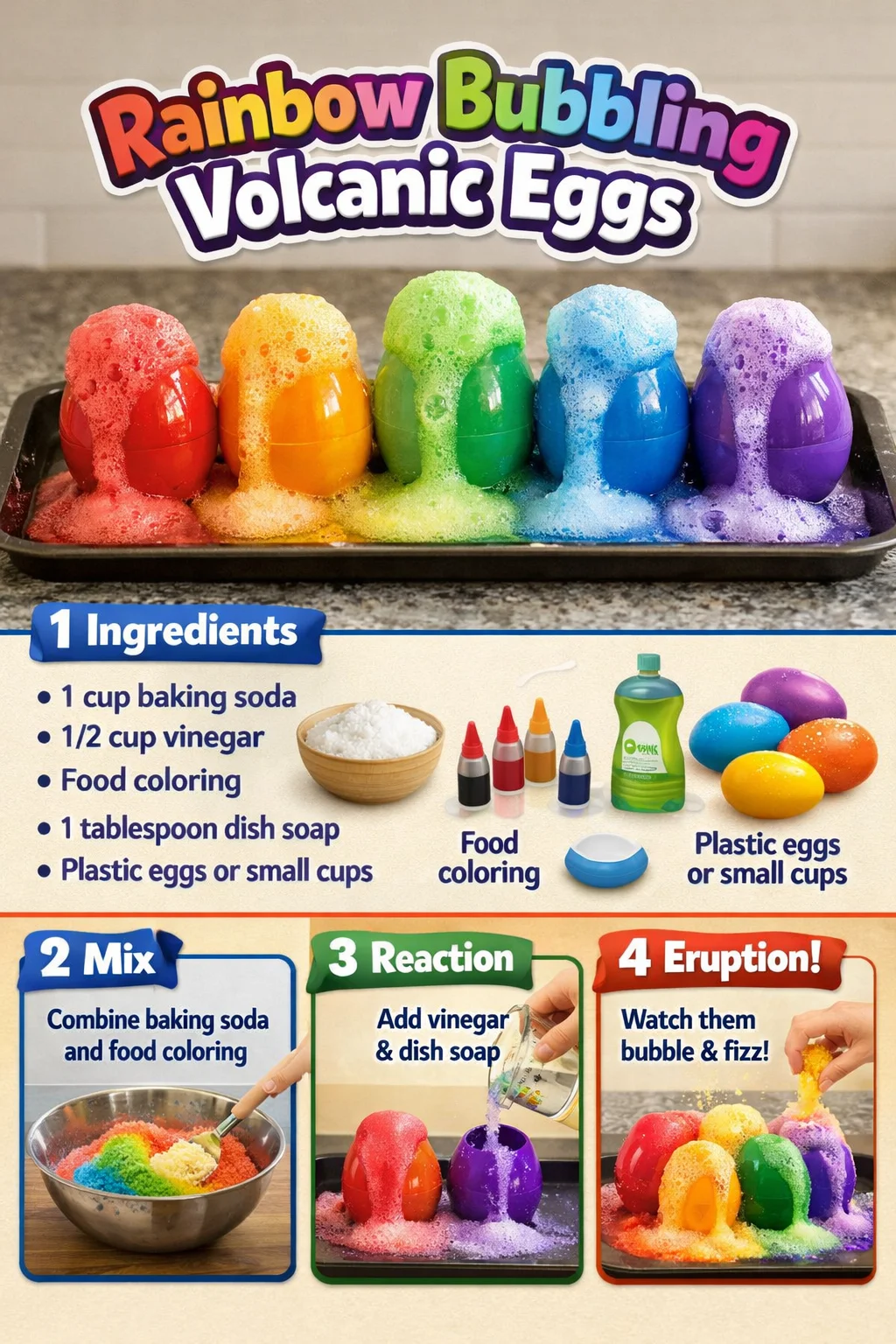 Colorful Rainbow Bubbling Volcanic Eggs experiment for kids