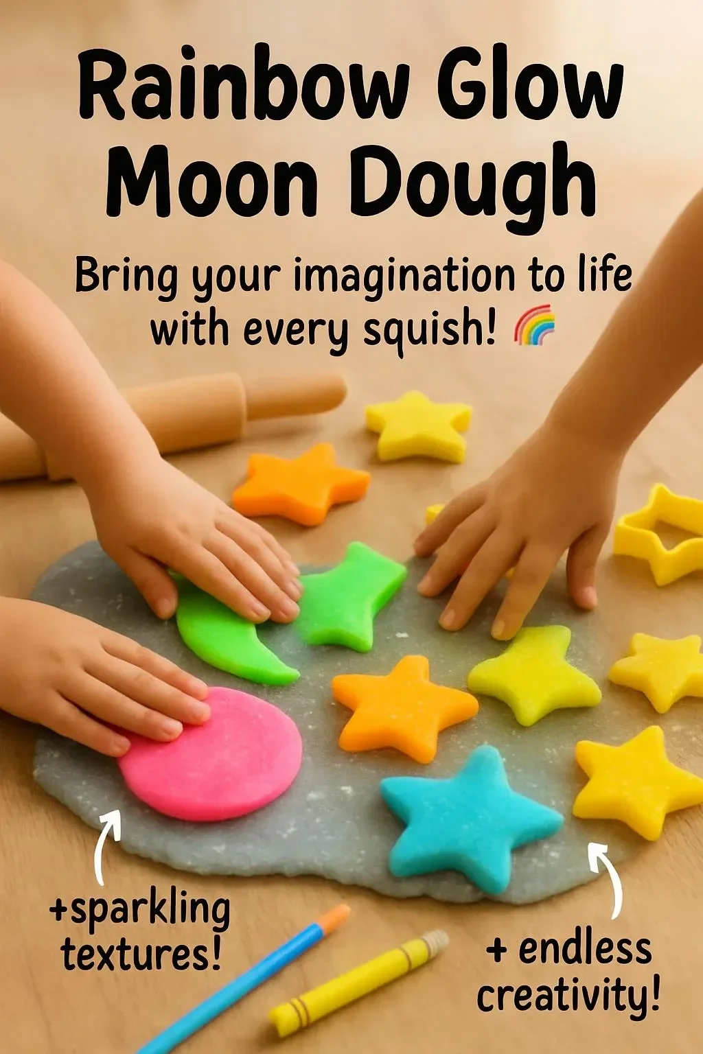 Colorful Rainbow Glow Moon Dough that glows in the dark for creative play.