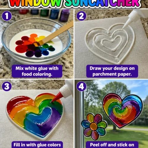 Colorful window suncatcher made with Rainbow Glue for crafty decoration