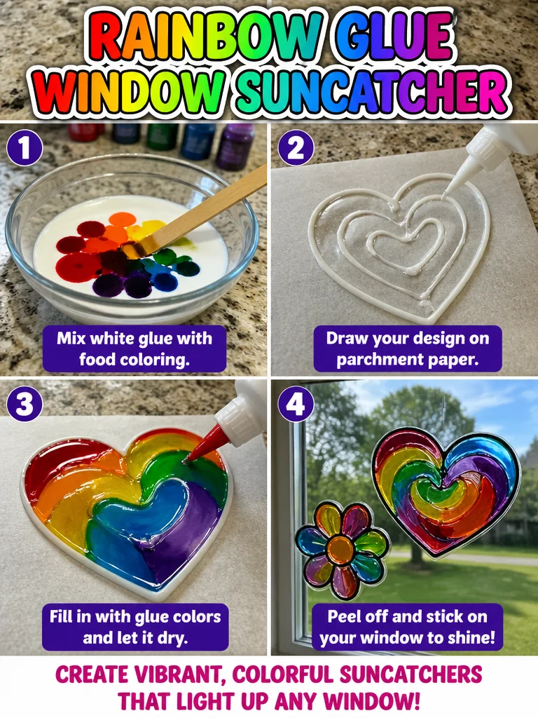 Colorful window suncatcher made with Rainbow Glue for crafty decoration