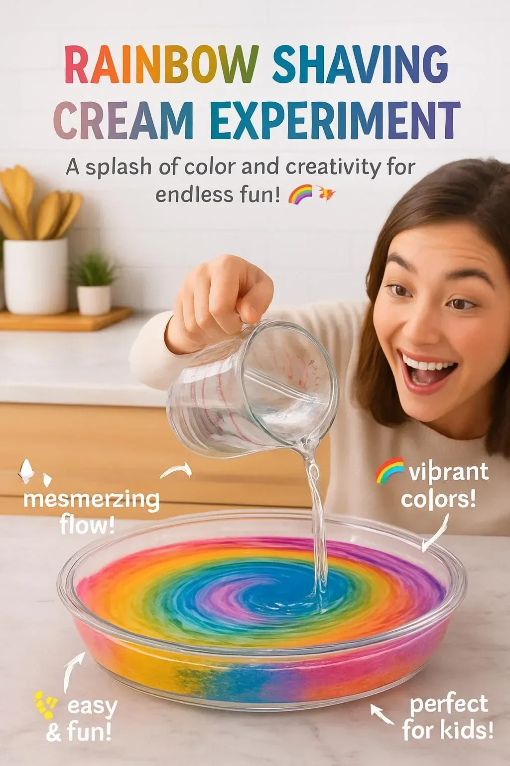 Rainbow Shaving Cream Experiment showcasing colorful patterns in shaving cream.