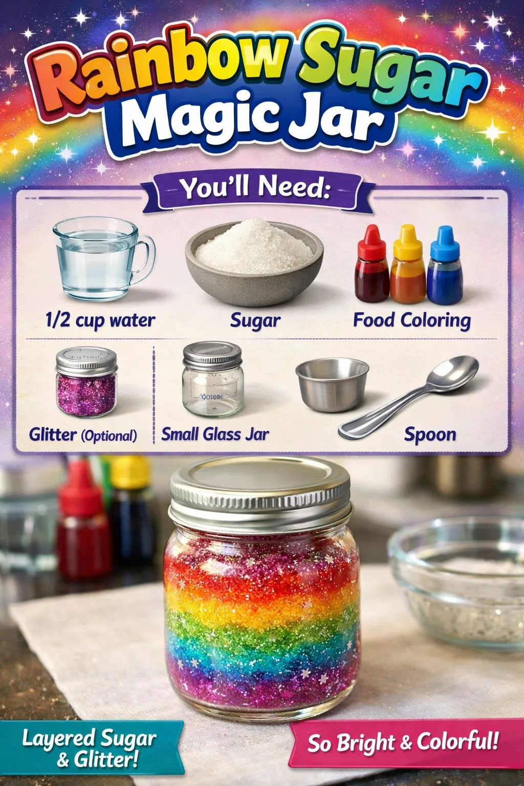 Rainbow Sugar Magic Jar filled with colorful, sparkling sugar for baking and decorating