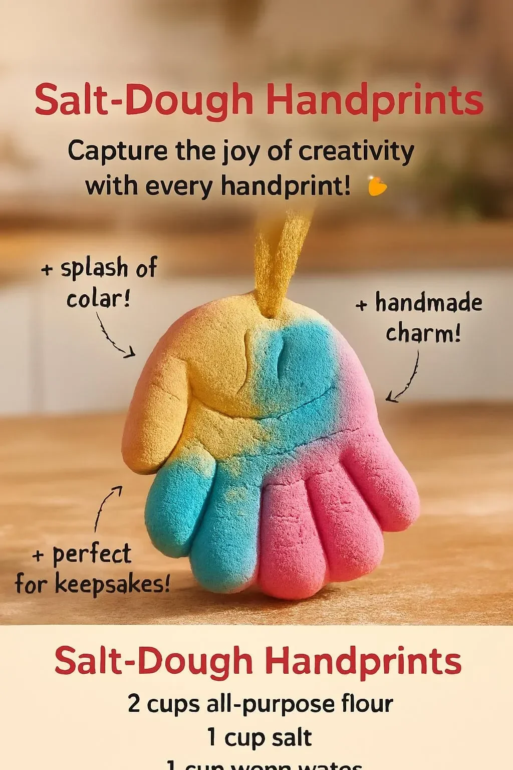 A child's salt-dough handprints displayed on a table, showcasing creative craft