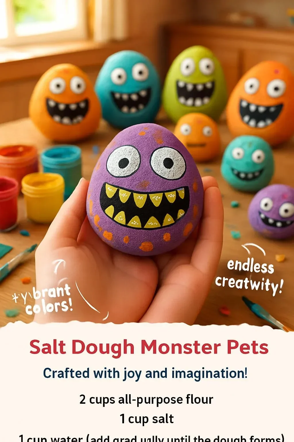 Colorful salt dough monster pets crafted for creative play and decoration.