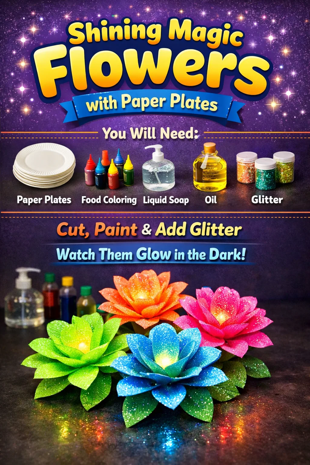 Colorful paper plate magic flowers in various designs
