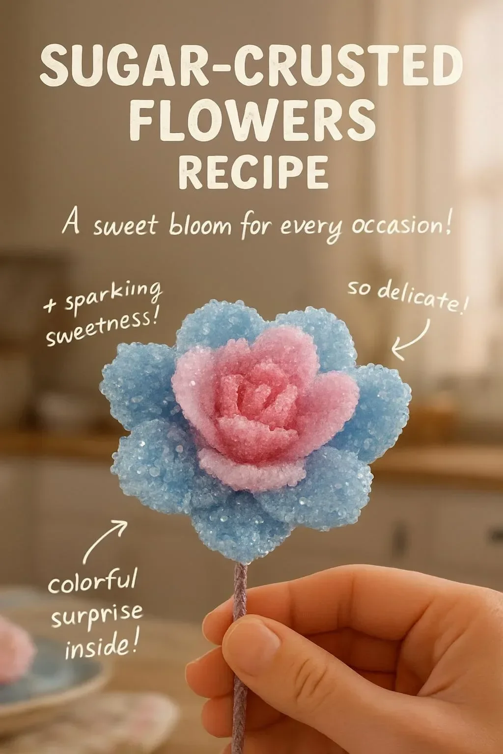 Beautiful sugar-crusted flowers as decorative edible art for desserts