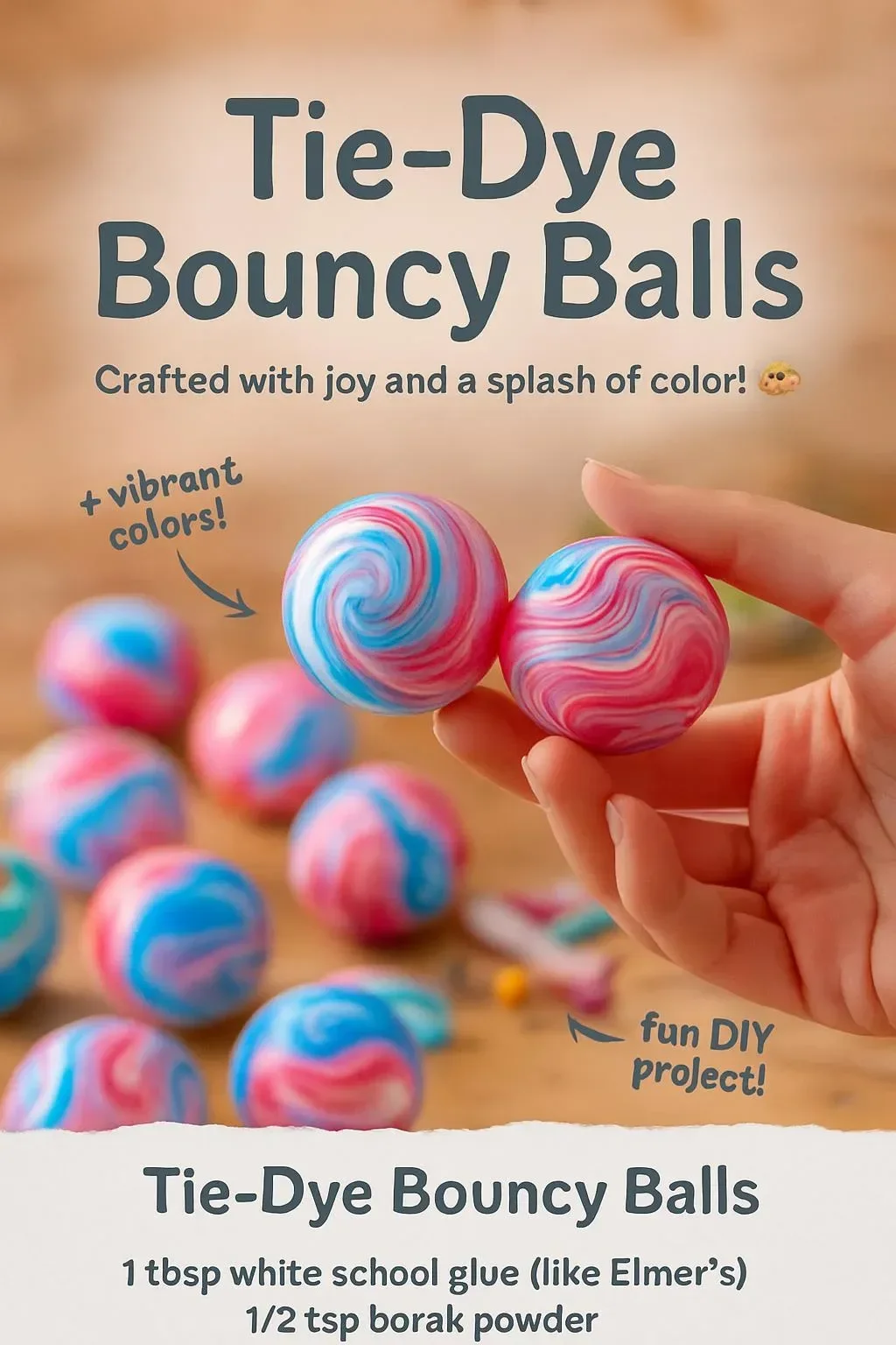 Colorful tie-dye bouncy balls made from a fun DIY recipe.