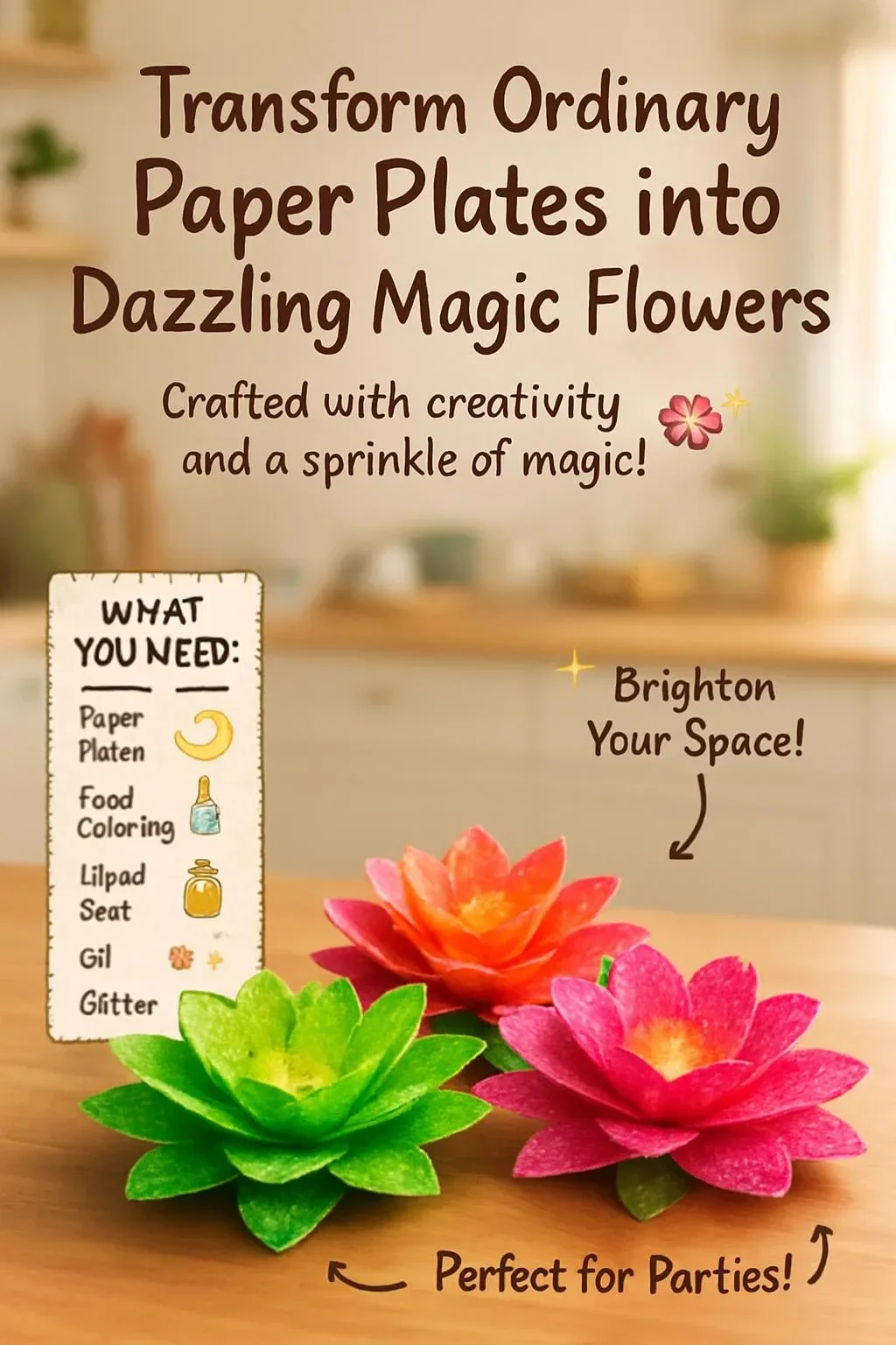 Colorful magic flowers made from transformed paper plates for decor enhancements