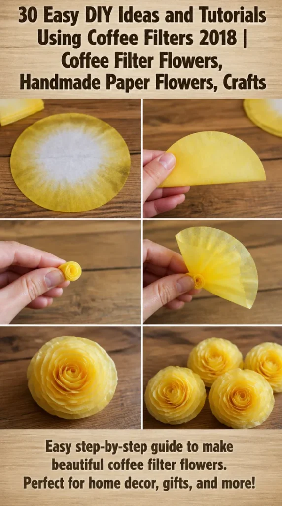 A variety of DIY coffee filter crafts including flowers and paper decorations.