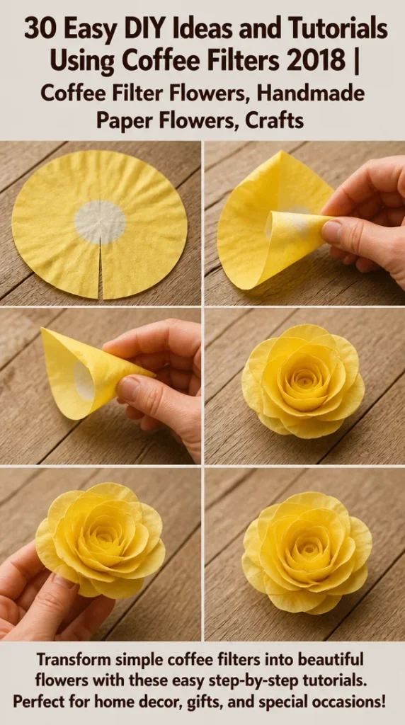 Colorful DIY coffee filter crafts and flowers displayed on a table.