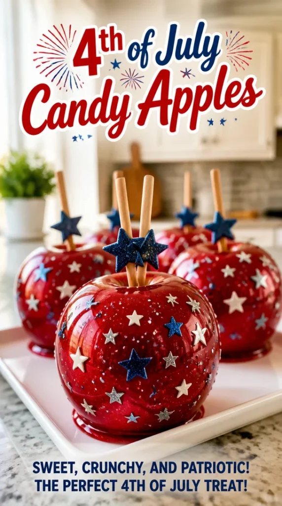 A plate of colorful 4th of July candy apples decorated with red, white, and blue.