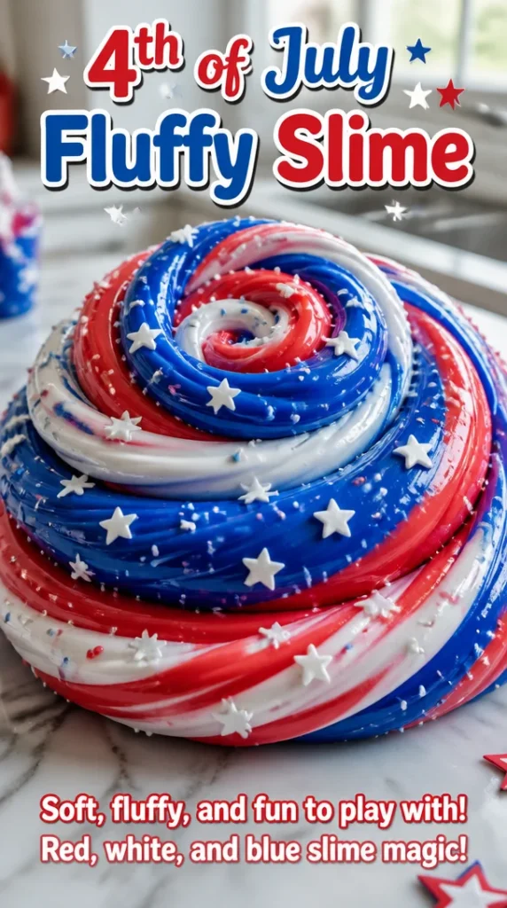Festive 4th of July fluffy slime in red, white, and blue colors