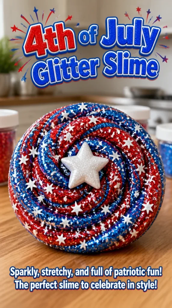 Colorful 4th of July glitter slime with red, white, and blue sparkle