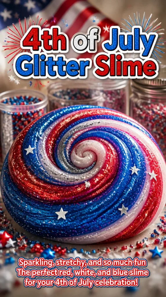 Colorful 4th of July glitter slime with red, white, and blue sparkles.