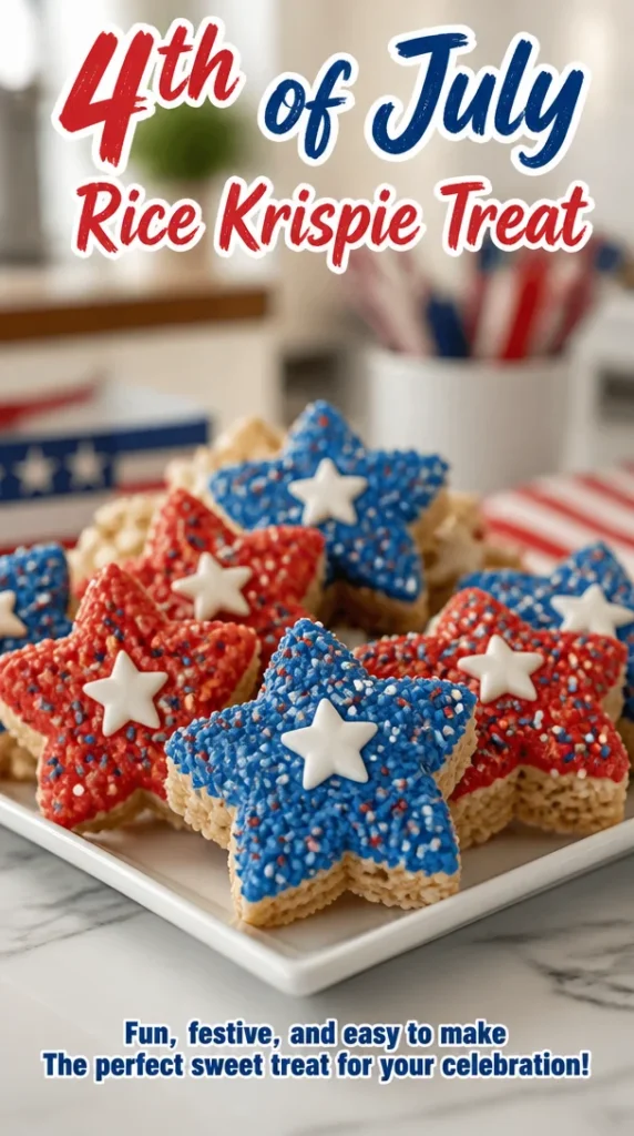 Colorful 4th of July Rice Krispie Treats decorated with red, white, and blue sprinkles.