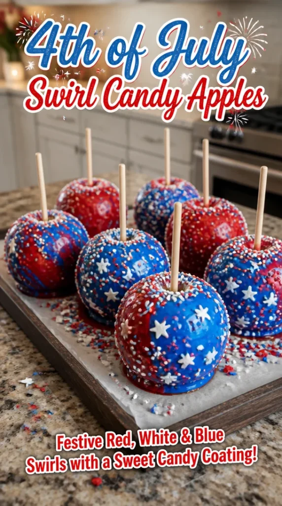 4th of July Swirl Candy Apples decorated with red, white, and blue colors.