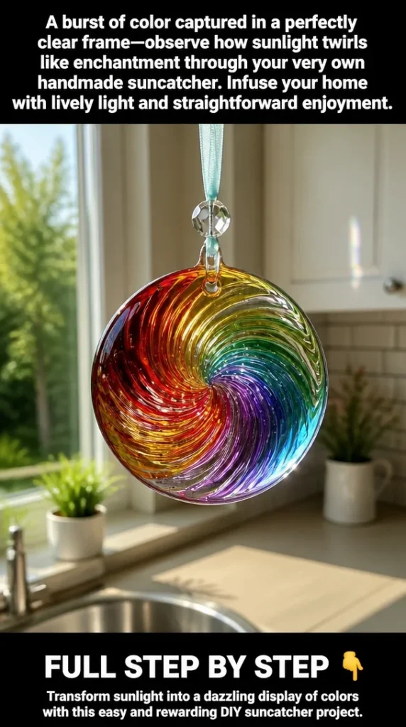 Vibrant handmade suncatcher capturing sunlight in a clear, colorful frame.