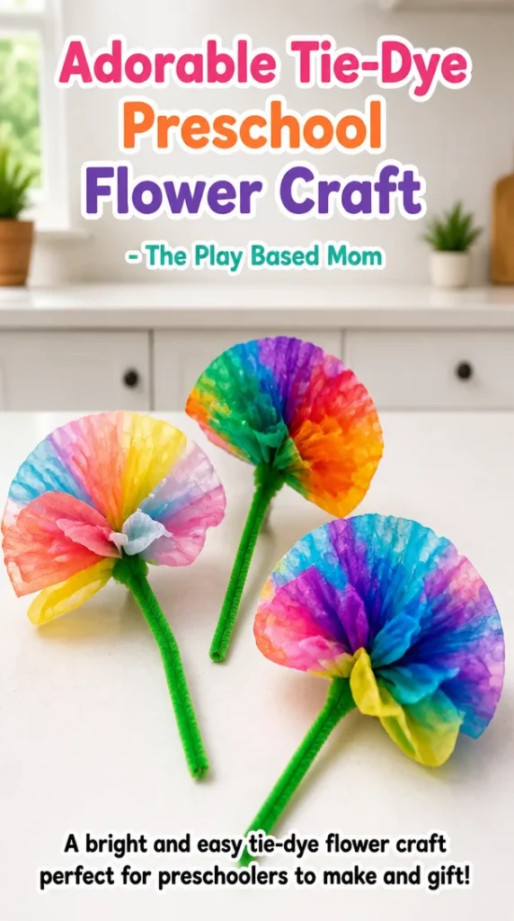 Preschooler making a tie-dye flower craft with colorful designs.