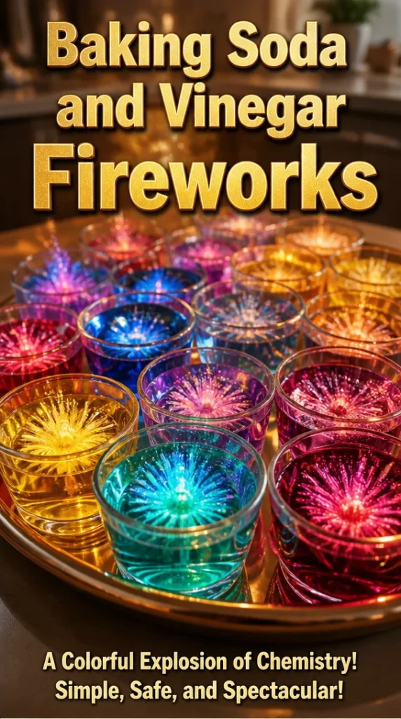 Baking soda and vinegar experiment creating fireworks in a container.