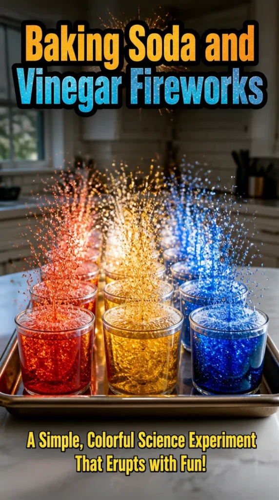 Baking soda and vinegar fireworks experiment demonstrating chemical reactions.