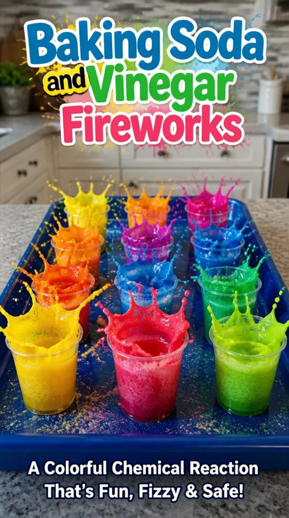 Baking soda and vinegar create vibrant fireworks in a fun science experiment.