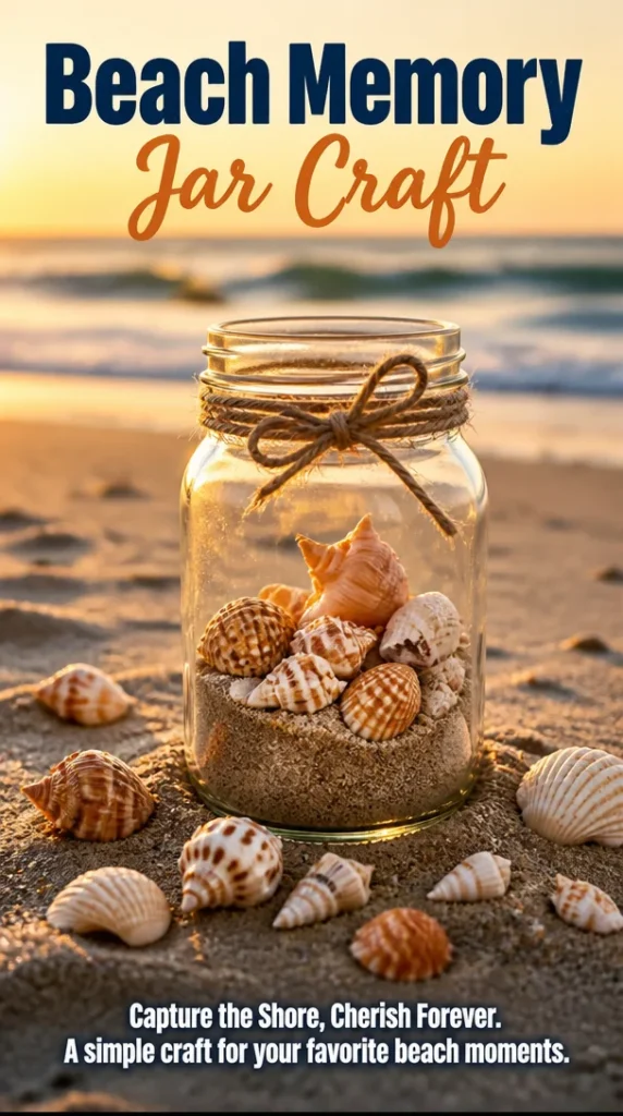 Colorful beach memory jar filled with sand and shells symbolizing seaside memories