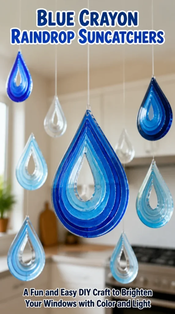 Colorful blue crayon raindrop suncatchers hanging by a window