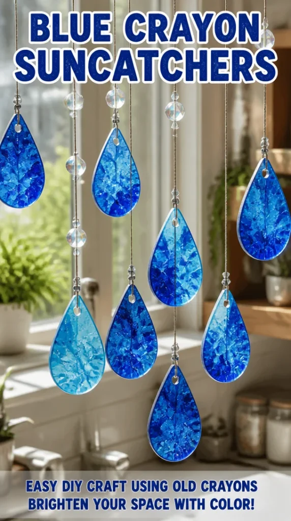Colorful blue crayon suncatchers hanging in a sunny window