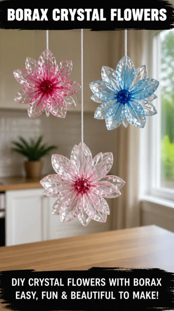 Colorful Borax Crystal Flowers displayed on a surface, showcasing their unique crystal formations.