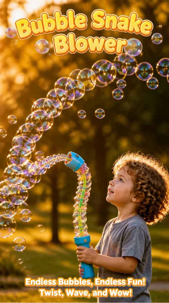Child using a Bubble Snake Blower to create colorful bubble snakes in the garden.