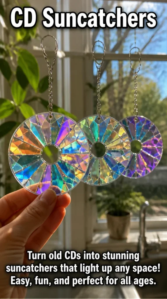 Colorful CD suncatchers catching sunlight and creating beautiful patterns