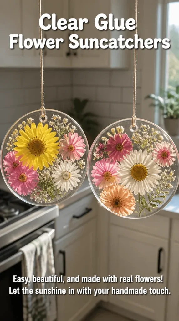Colorful flower suncatchers made with clear glue hanging in a window.
