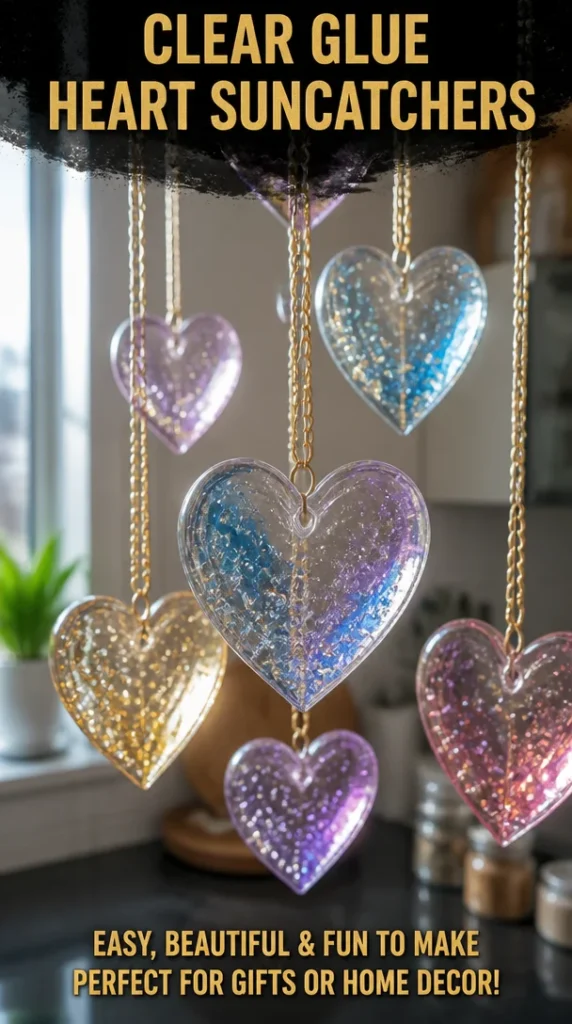 Clear glue heart suncatchers capturing vibrant sunlight