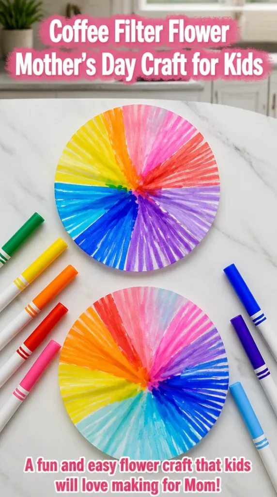 Kids making coffee filter flowers for Mother's Day craft