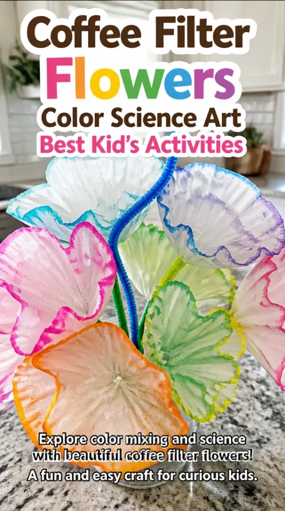 Colorful coffee filter flowers crafted for a fun kids' science art activity.