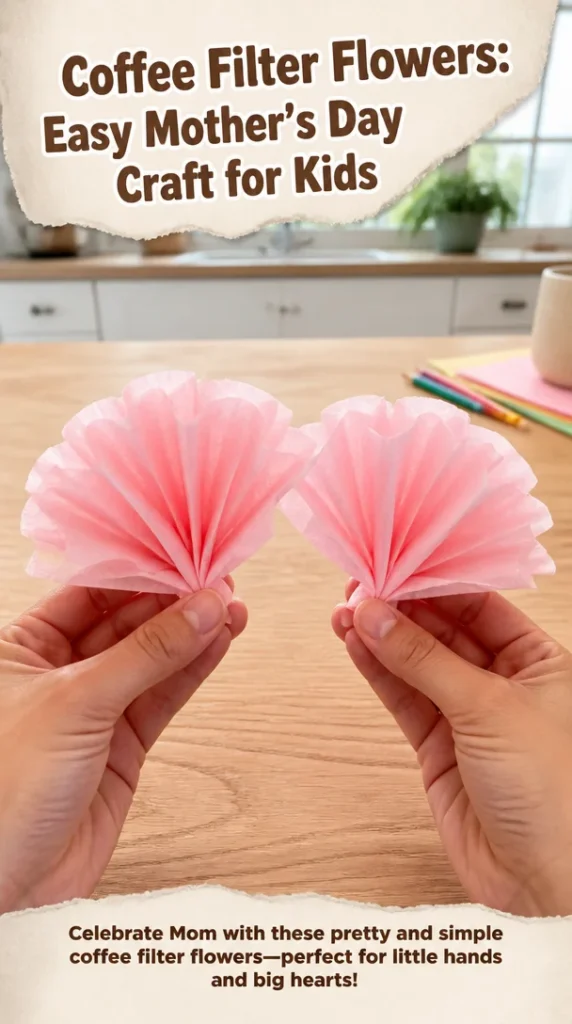 Colorful coffee filter flowers made in a Mother's Day craft project for kids.